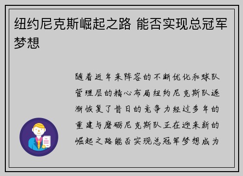 纽约尼克斯崛起之路 能否实现总冠军梦想