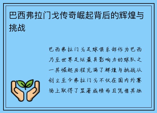 巴西弗拉门戈传奇崛起背后的辉煌与挑战
